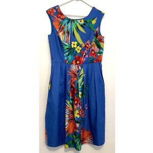 ELLEN TRACY Blue Green Orange Floral Leaves Tropical Satin Midi Fit Flare Dress